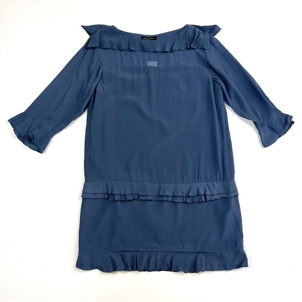 BANANA REPUBLIC Shift Dress Semi Formal Slate Blue Ruffle Trim Mini Womens Sz 12